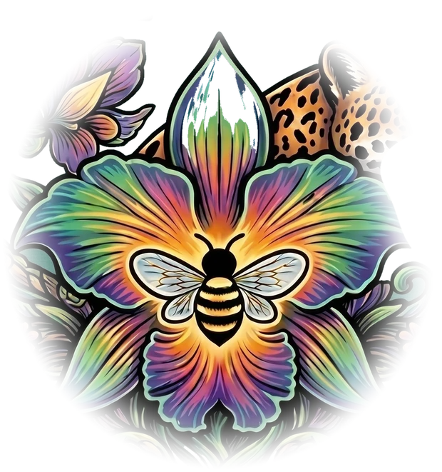 Orquídea de la selva maya con una abeja en el centro, ilustración de la etiqueta